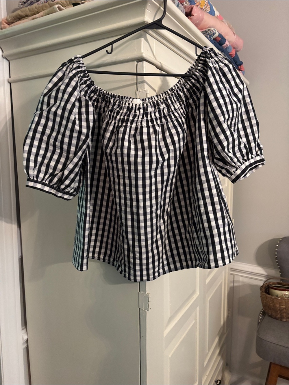 Off-Shoulder Black and White Gingham Puff-Sleeve Top